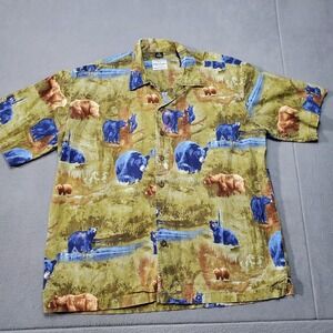 David Carey Button Up Mens 2XL Green Blue Excellent Bear Grizzly Outdoor Camp